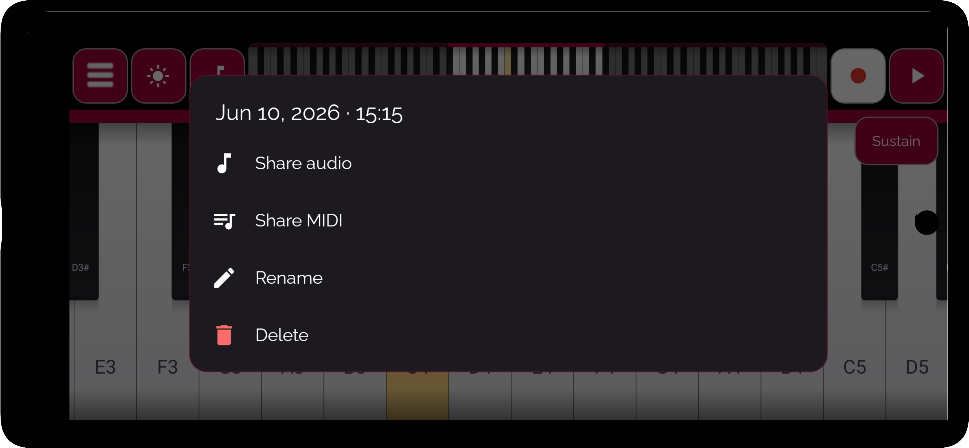 Exporting a Real Piano Keyboard recording — share it as audio or MIDI, or rename and delete