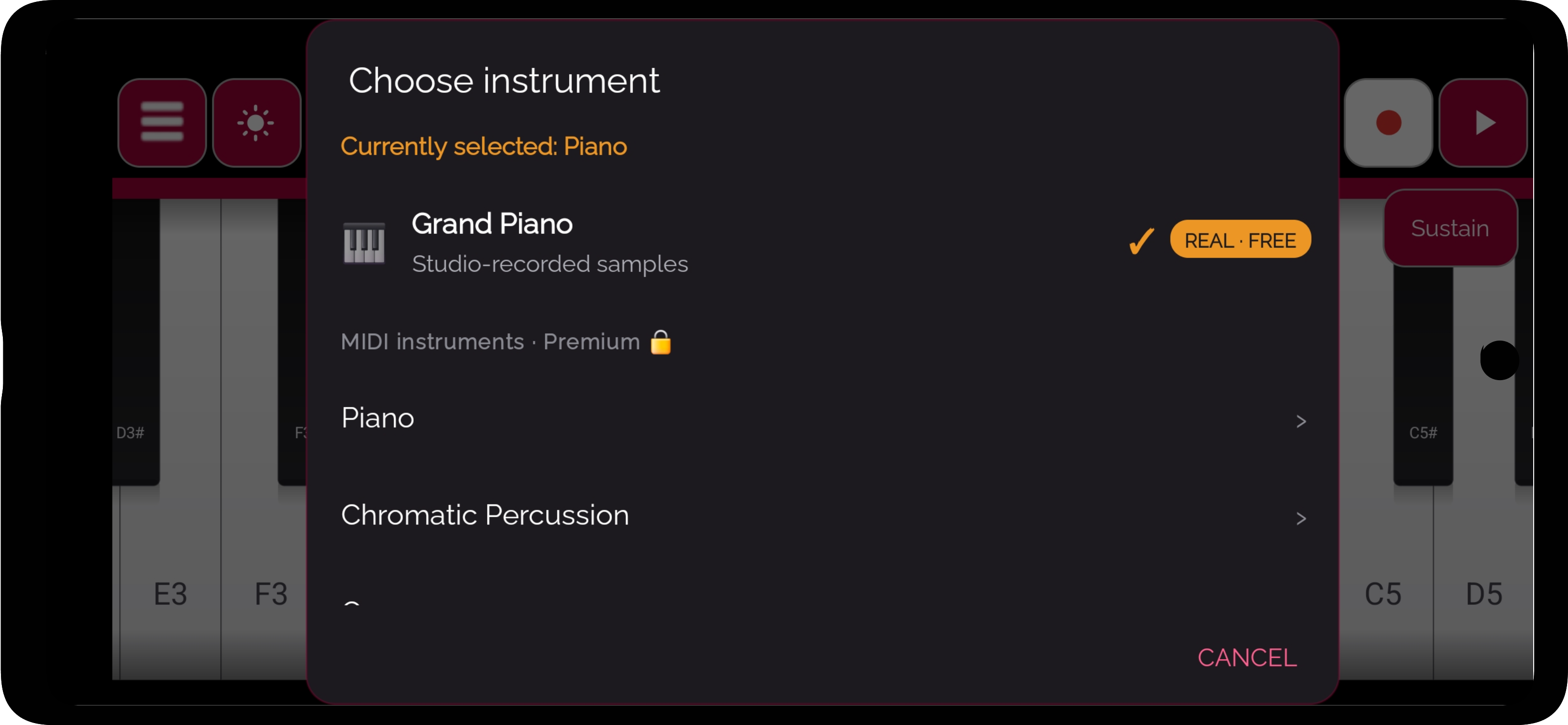 Choosing an instrument in Real Piano Keyboard — the studio-recorded Grand Piano is free, with 128 MIDI instruments in Premium