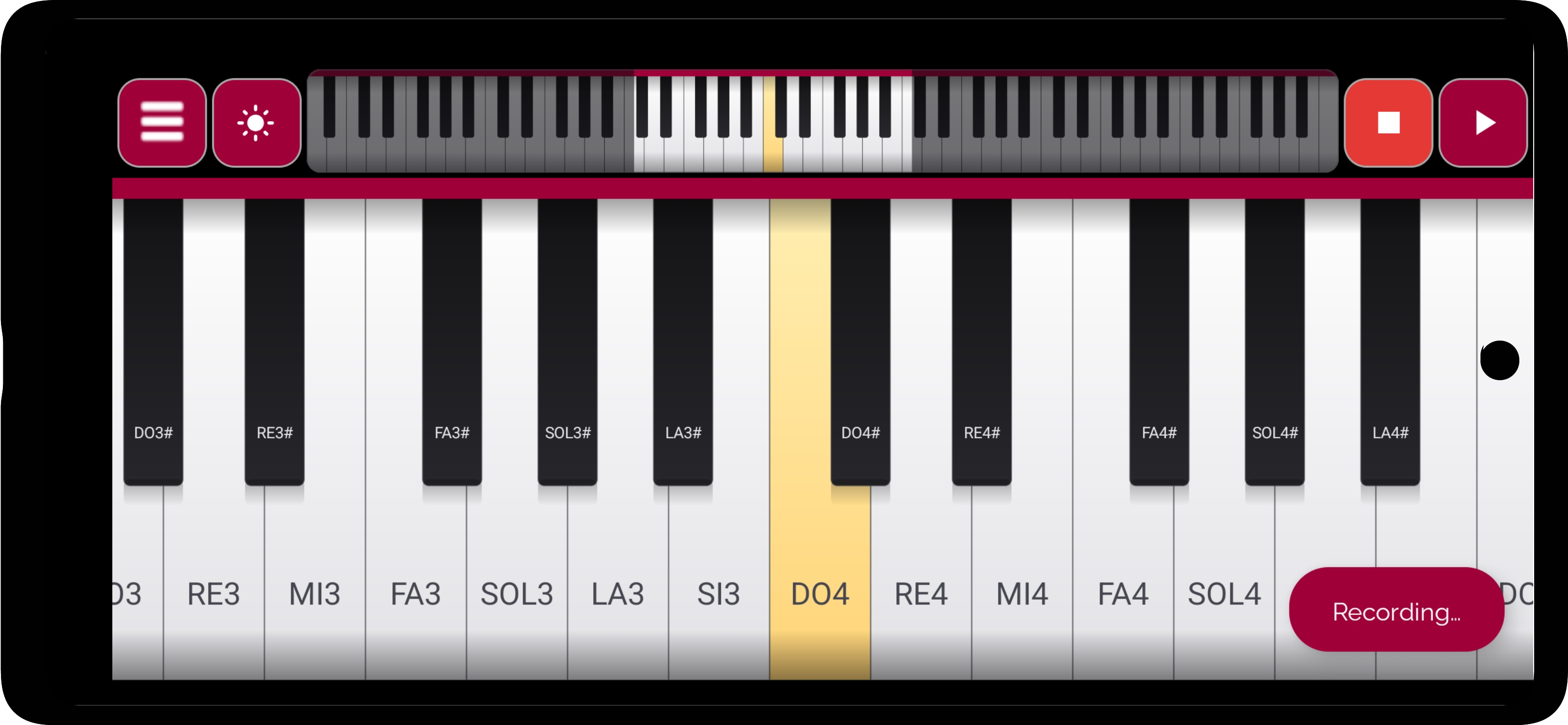 Recording a performance in Real Piano Keyboard, with the stop button and the Recording indicator active