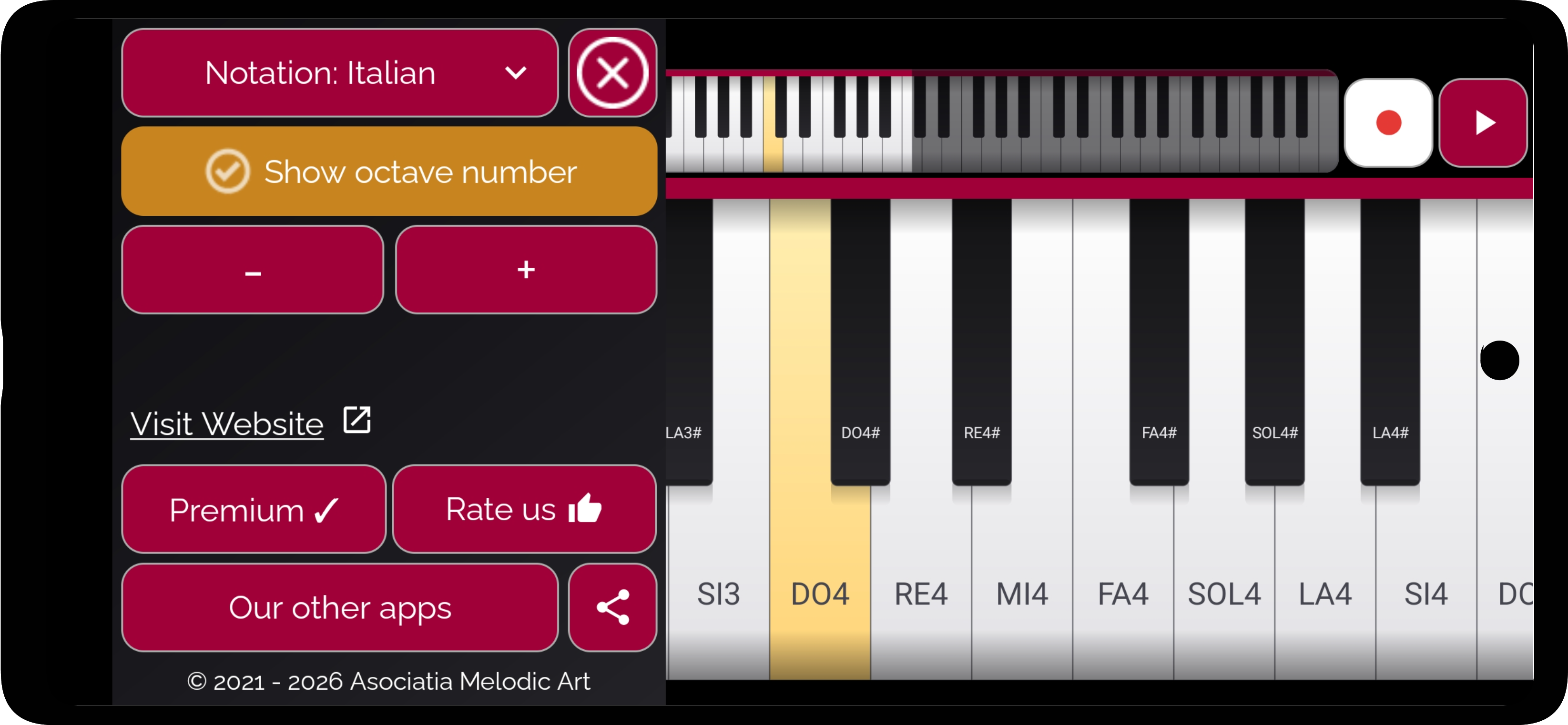 Real Piano Keyboard settings — choose a notation system, toggle octave numbers and adjust the key zoom